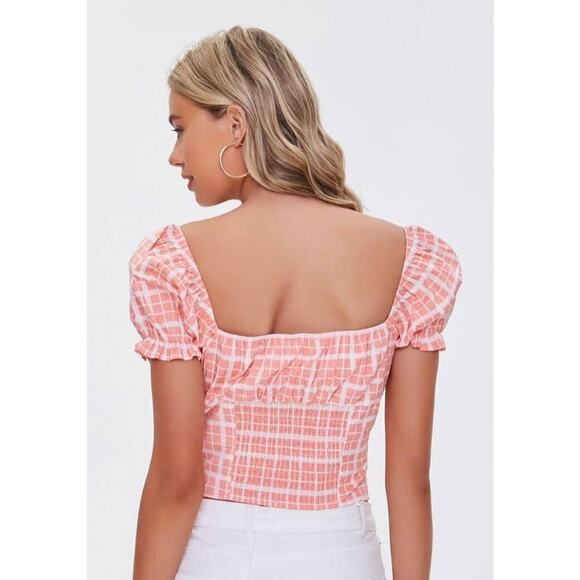 Pink Forever 21 Grid Print Puff Sleeve Crop Top S - Picture 3 of 5